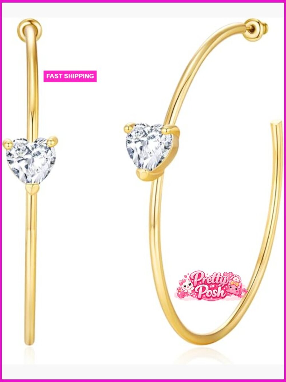 Large Gold Plated Hoop Earrings with Sterling Silver Post and Cubic Zirconia